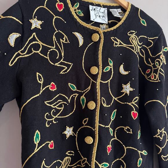 Michael Simon Vintage Black Gold Christmas Angel Beaded Cardigan Sweater Large - Picture 2 of 6